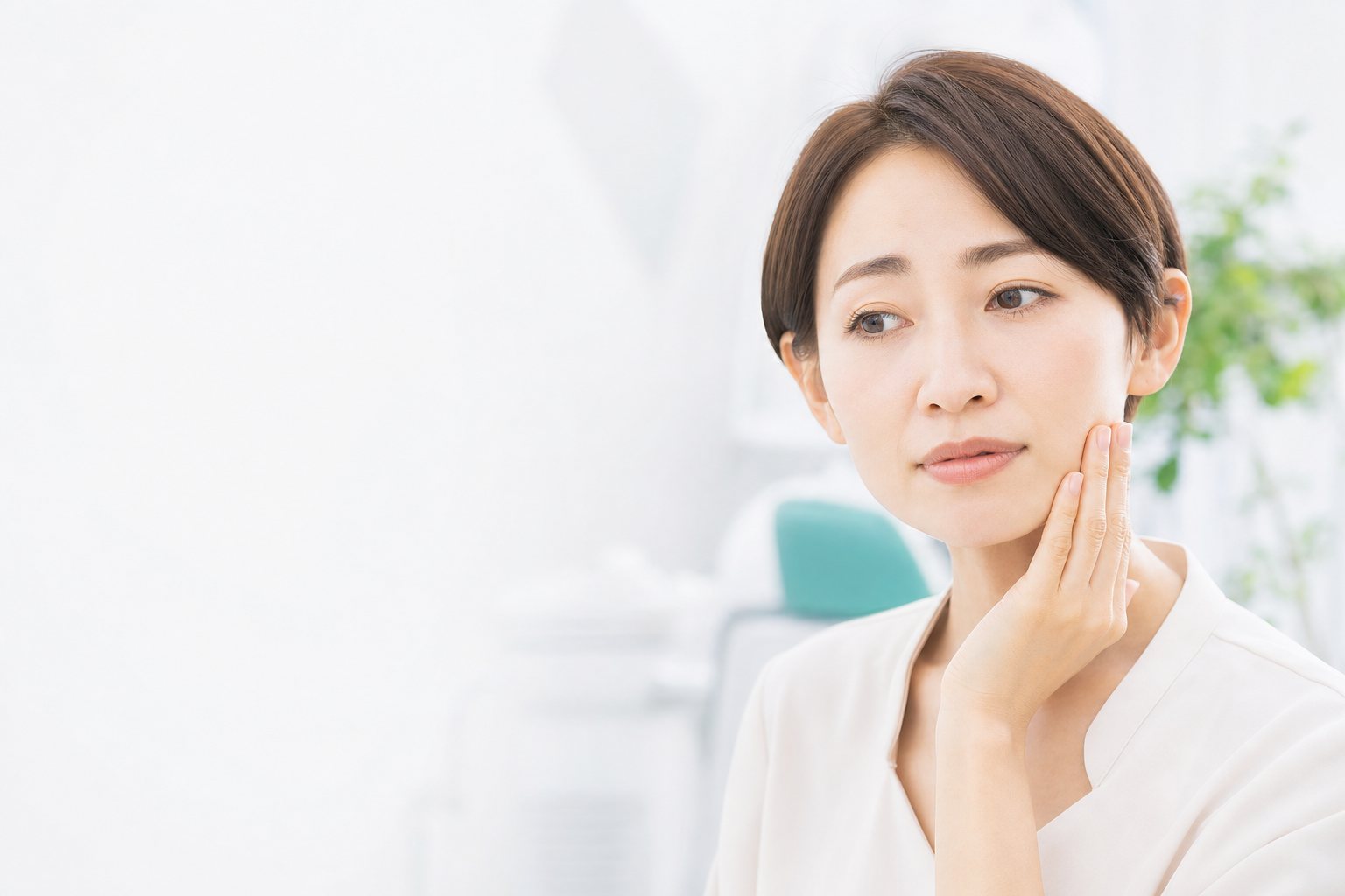 食いしばりで頬に手を当てる女性